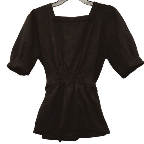 NWT Anthropologie Current Air Black Barnette Puff Sleeved Top Tie - Picture 4 of 5